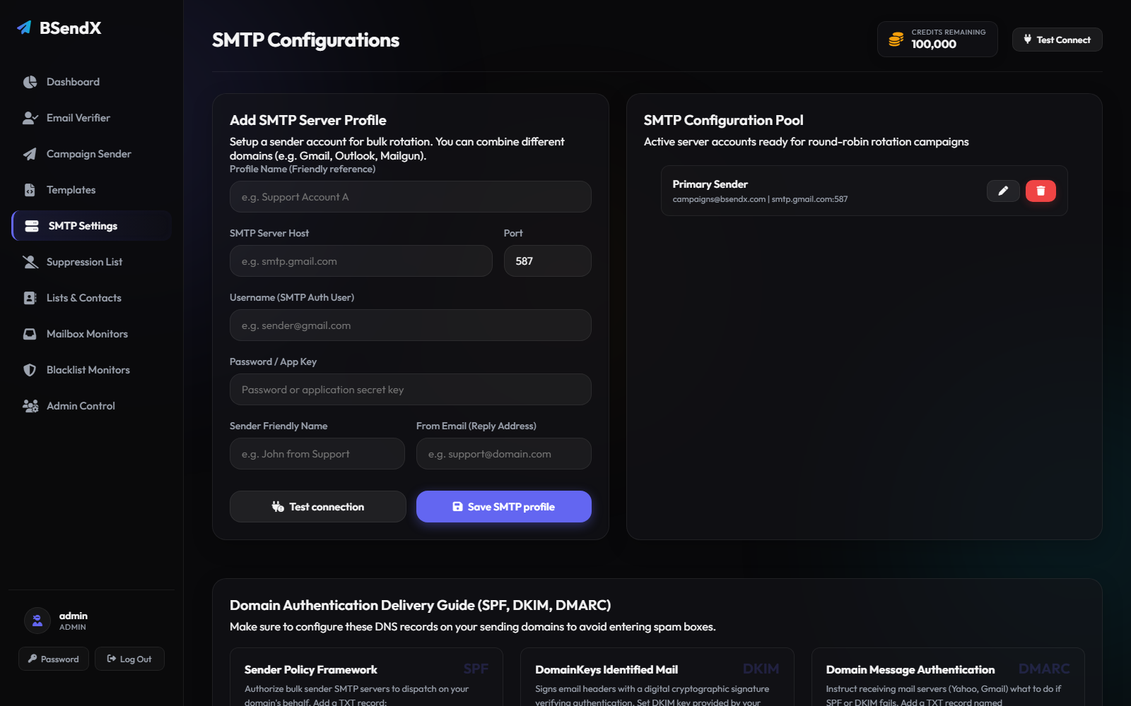 BSendX SMTP configuration screen