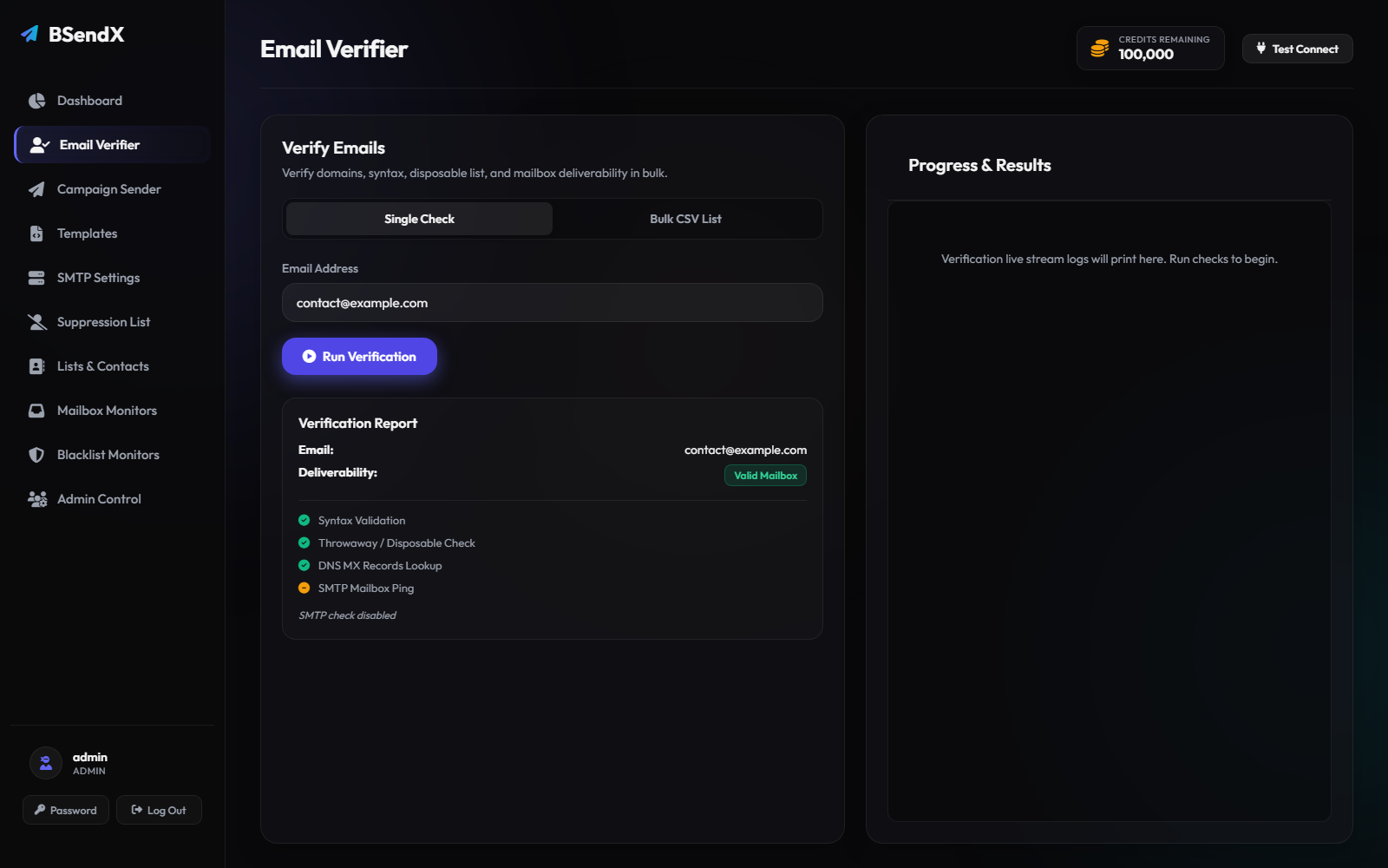BSendX email verification result