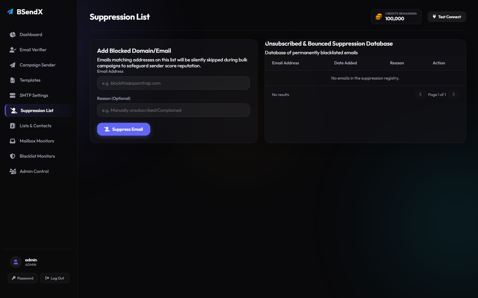 BSendX suppression list screen